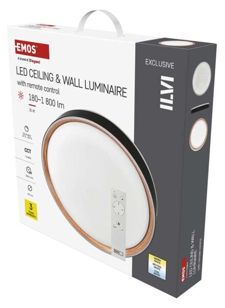 EMOS LED přisazené svítidlo ILVI, kruhové 30W, stmívání+CCT, černá+dřevo