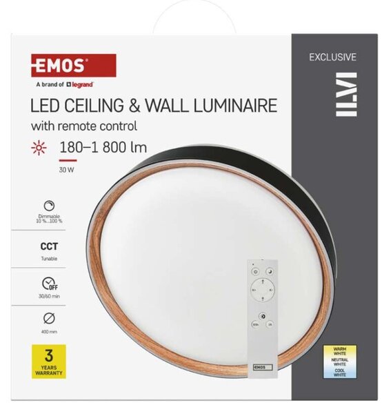 EMOS LED přisazené svítidlo ILVI, kruhové 30W, stmívání+CCT, černá+dřevo