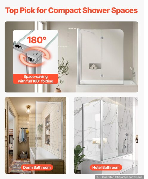 SucceBuy sprchová stěna pro vanu, 70/120x140 cm, částečně bez rámu, bezpečnostní sklo o tloušťce 6 mm, stříbrná barva, dvoukřídlá skládací stěna pro vanu s nano-povlakem, sklopná do úhlu 180°, 1 pevný panel a 2 sklopné panely