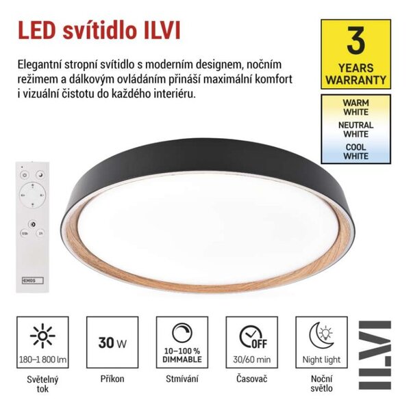 EMOS LED přisazené svítidlo ILVI, kruhové 30W, stmívání+CCT, černá+dřevo