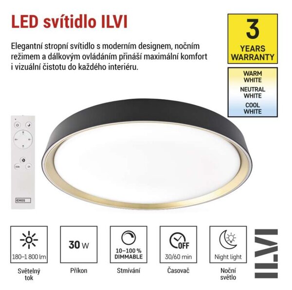 EMOS LED přisazené svítidlo ILVI, kruhové 30W, stmívání+CCT, černá+champagne