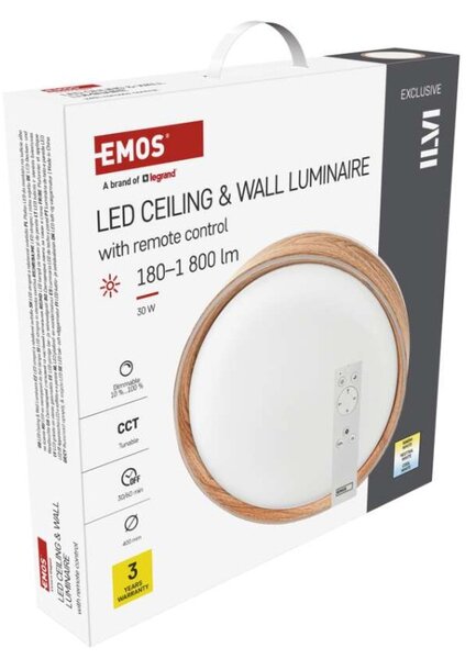 EMOS LED přisazené svítidlo ILVI, kruhové 30W, stmívání+CCT, dřevo