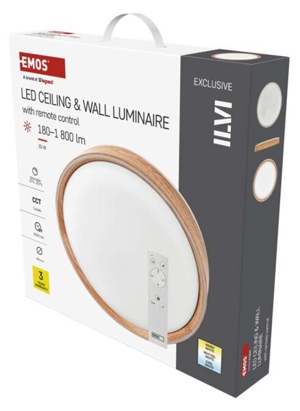EMOS LED přisazené svítidlo ILVI, kruhové 30W, stmívání+CCT, dřevo
