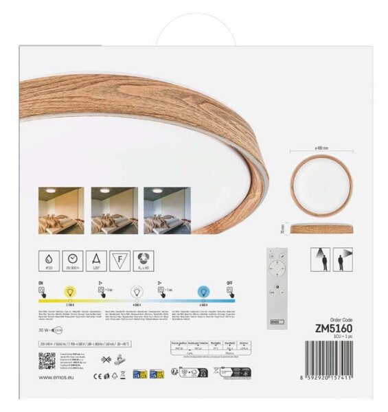 EMOS LED přisazené svítidlo ILVI, kruhové 30W, stmívání+CCT, dřevo