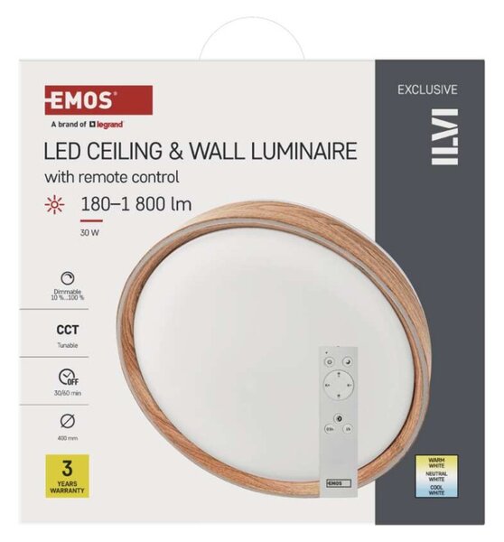 EMOS LED přisazené svítidlo ILVI, kruhové 30W, stmívání+CCT, dřevo