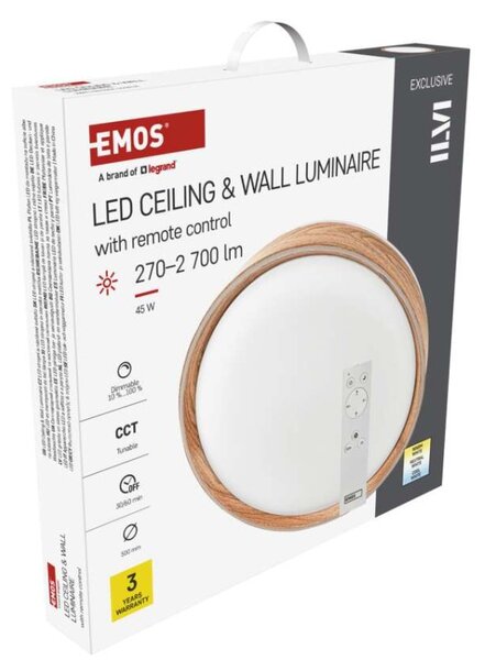 EMOS LED přisazené svítidlo ILVI, kruhové 45W, stmívání+CCT, dřevo