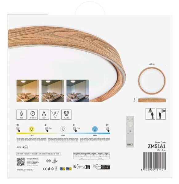 EMOS LED přisazené svítidlo ILVI, kruhové 45W, stmívání+CCT, dřevo