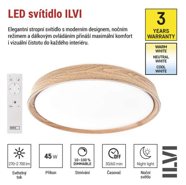 EMOS LED přisazené svítidlo ILVI, kruhové 45W, stmívání+CCT, dřevo