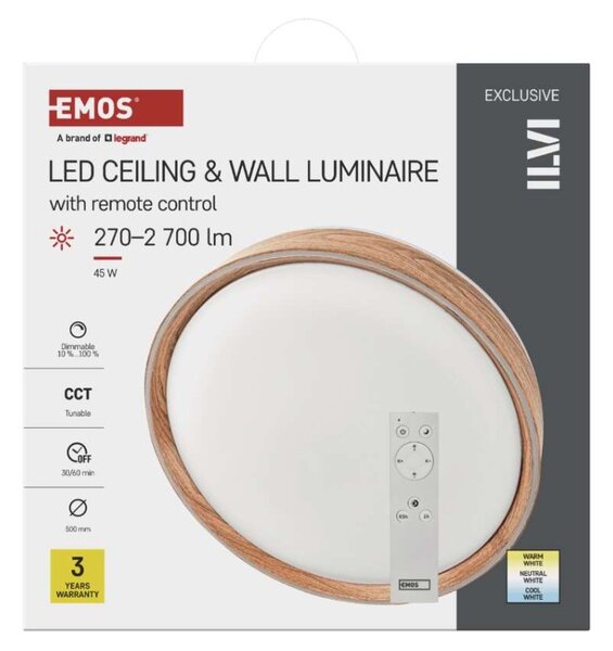 EMOS LED přisazené svítidlo ILVI, kruhové 45W, stmívání+CCT, dřevo