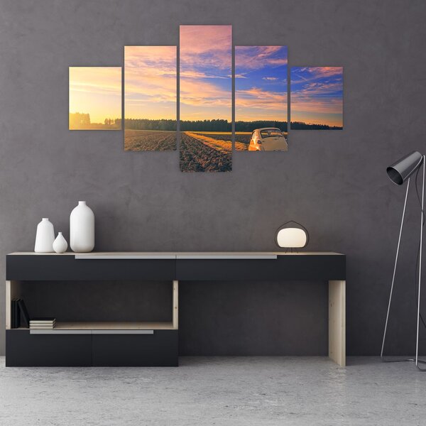 Obraz žlutého auta v poli (125x70 cm)