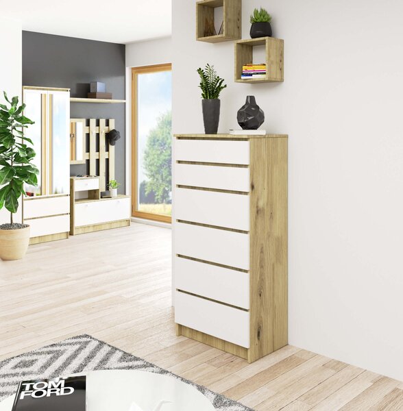 Ak furniture Komoda Kuba 60 cm - 6 šuplíků dub artisan/bílá