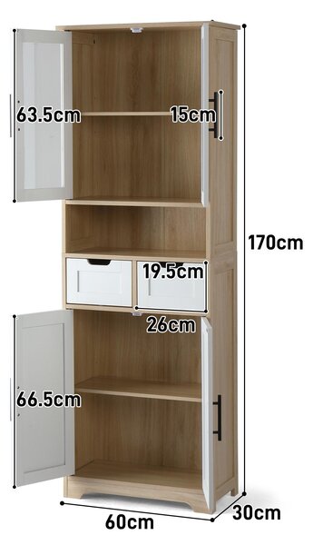 Kuchyňské spodní skříňky, komoda, se 4 dvířky a 2 zásuvkami, rozměry 60 x 30 x 170 cm, barva: bílá + Imitace dubu