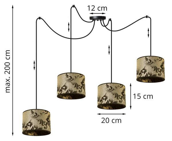 Závěsné svítidlo Werona Spider 1, 4x černé/zlaté textilní stínítko se vzorem