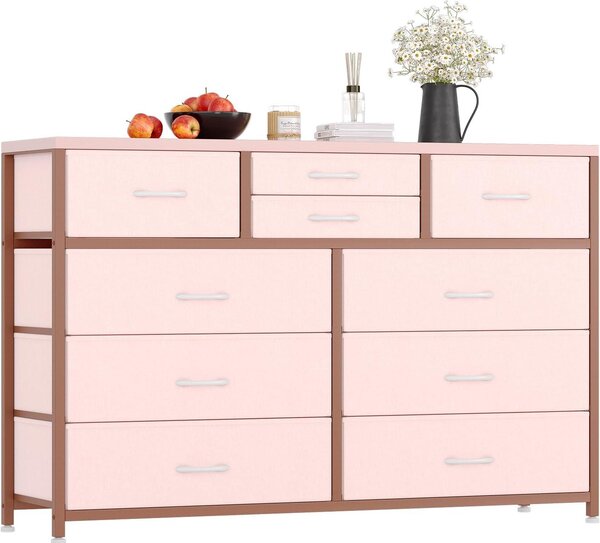Komoda se zásuvkami, boční skříňka, univerzální, prostorná. Barva: růžová. Materiál: dřevotříska (MDF/dřevovláknitá deska), stabilní kovový rám, odolná