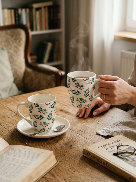 Sinsay - Vánoční keramické hrnky s motivem větviček, sada 2 ks - bílá