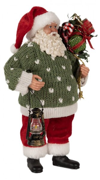 Vánoční postavička Santa Claus s lucernou v zeleném svetru – 27 cm