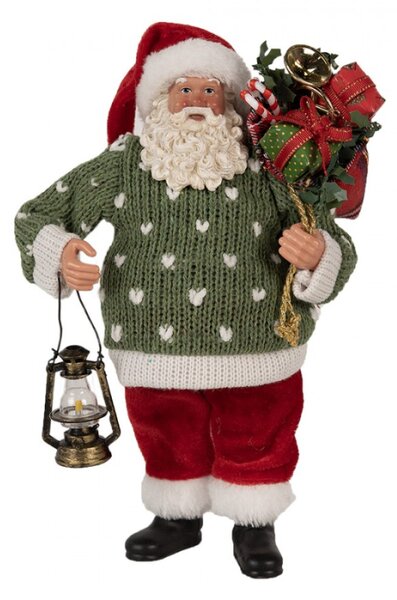 Vánoční postavička Santa Claus s lucernou v zeleném svetru – 27 cm
