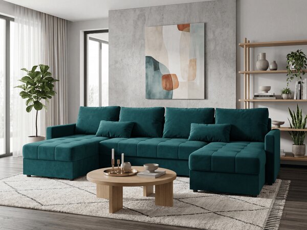 Rozkládací sedací souprava do U VENORIA 285x146 cm, petrolejová + 2 polštářky ZDARMA