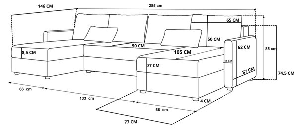 Rozkládací sedací souprava do U VENORIA 285x146 cm, petrolejová + 2 polštářky ZDARMA