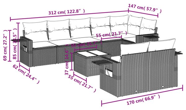 9dílná zahradní sedací souprava s poduškami šedá polyratan