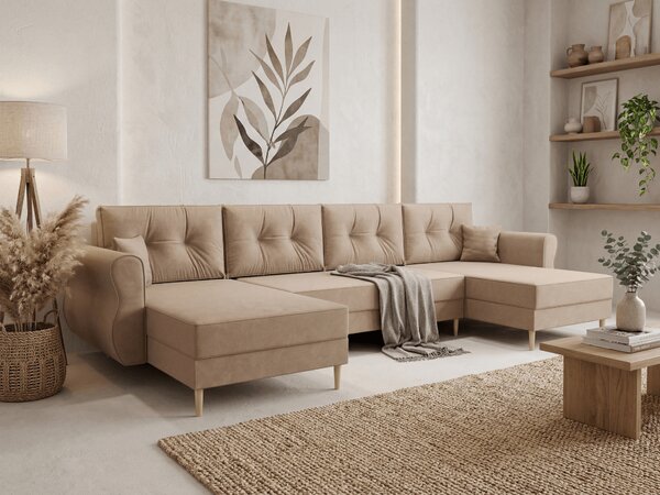 Rozkládací sedací souprava do U SILVIANO 300x140 cm, béžová + 2 polštářky ZDARMA