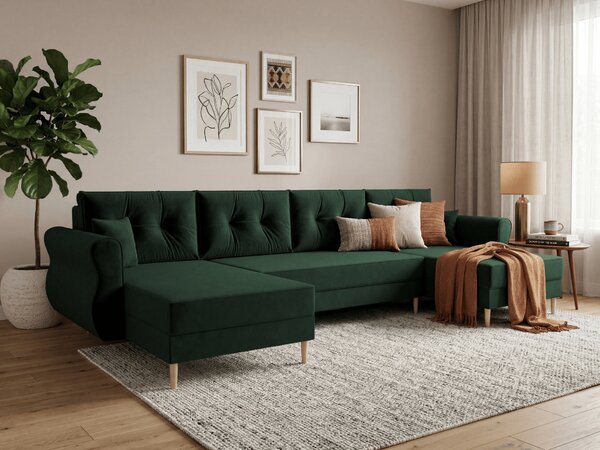 Rozkládací sedací souprava do U SILVIANO 300x140 cm, tmavě zelená + 2 polštářky ZDARMA