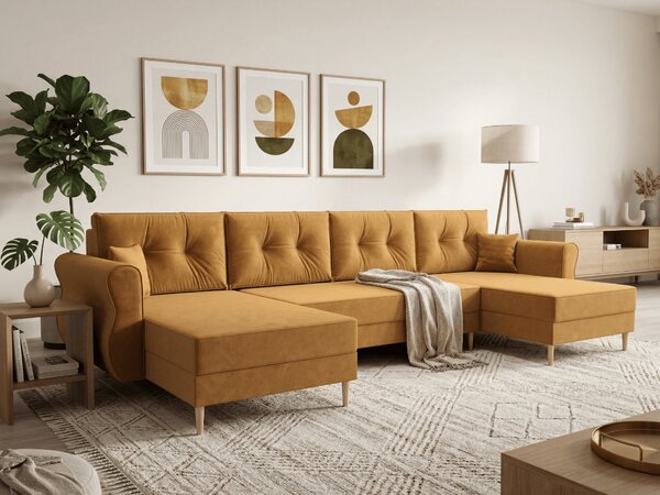 Rozkládací sedací souprava do U SILVIANO 300x140 cm, hořčicová + 2 polštářky ZDARMA