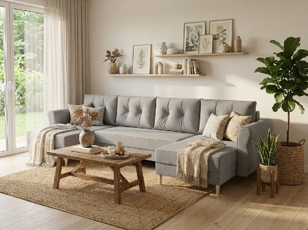 Rozkládací sedací souprava do U SILVIANO 300x140 cm, šedá + 2 polštářky ZDARMA