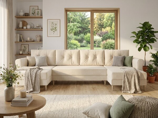 Rozkládací sedací souprava do U SILVIANO 300x140 cm, krémová + 2 polštářky ZDARMA