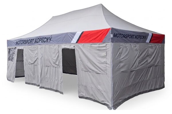 TENTino SET - Nůžkový párty stan 4x8 m EXTRA HIGH ROOF s jednostranným potiskem Typ konstrukce: BIG HEXAGON S VYŠŠÍ ŠPICÍ, Rozsah potisku: střecha + 3x boční strana, Plachtovina - gramáž: polyester 230 g/m2