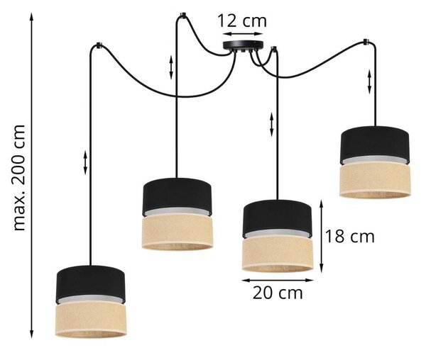 Závěsné svítidlo Juta Spider, 4x jutové/černé textilní stínítko, b