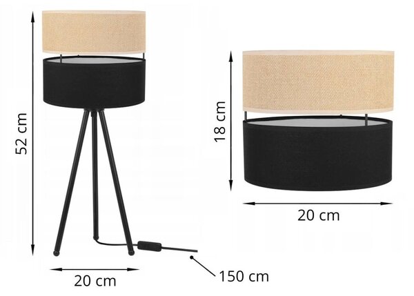 Stolní lampa Juta, 1x jutové/černé textilní stínítko, m