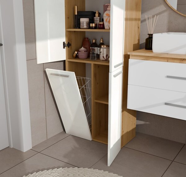 TP Living Koupelnová skříňka s košem na prádlo NEL 1K DD lesklá bílá/dub Artisan