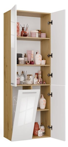 TP Living Koupelnová skříňka s košem na prádlo NEL 1K DD lesklá bílá/dub Artisan