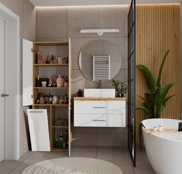 TP Living Koupelnová skříňka s košem na prádlo NEL 1K DD lesklá bílá/dub Artisan