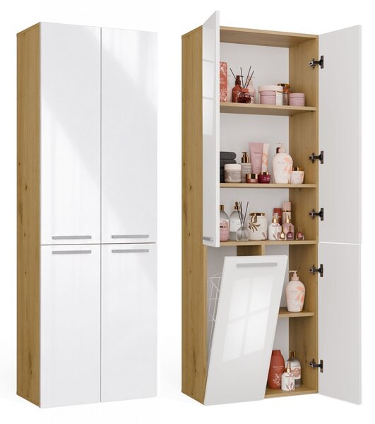 TP Living Koupelnová skříňka s košem na prádlo NEL 1K DD lesklá bílá/dub Artisan