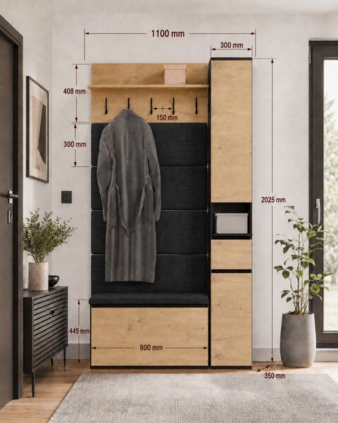 TP Living Předsíňová stěna se skříní Lior 110 cm černá/dub Artisan