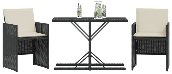 3dílný bistro set s poduškami černý polyratan