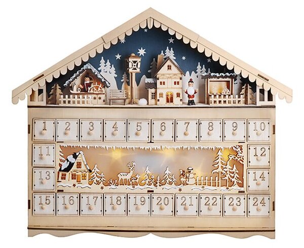 Solight LED adventní kalnedář - horská chata, 10x LED, 50x40cm, 2x AA - 1V258
