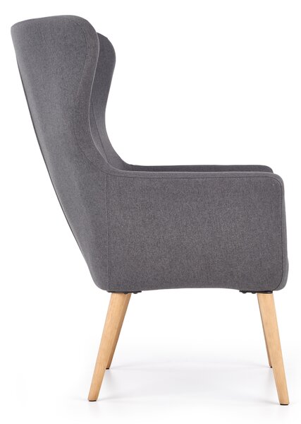 Designové relaxační křeslo Halmar COTTO v látce tmavý popel, ušák v retro stylu s dřevěnými nohami, 73×76×99 cm