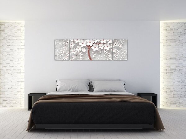 Obraz - Obraz bílého stromu s květinami, rosegold (170x50 cm)