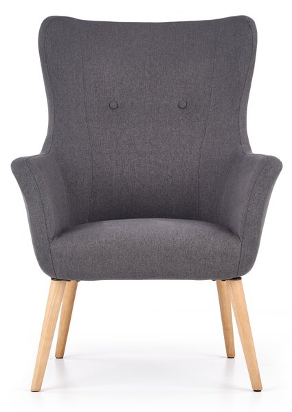 Designové relaxační křeslo Halmar COTTO v látce tmavý popel, ušák v retro stylu s dřevěnými nohami, 73×76×99 cm
