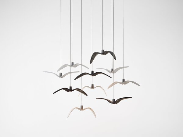 Designové závěsné svítidlo Brokis Night Birds Mini PC1387 Povrch Montury: Stříbrný elox, Barva skla: Šedá kouřová - masiv, Baldachýn: Kov - černý matovaný komaxit se strukturou