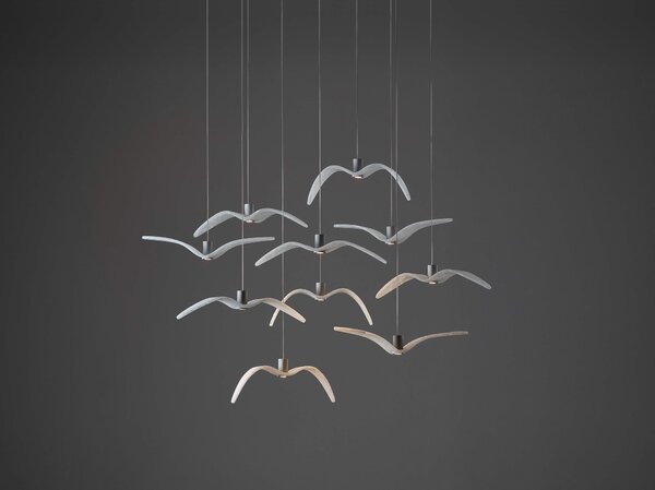 Designové závěsné svítidlo Brokis Night Birds Mini PC1387 Povrch Montury: Stříbrný elox, Barva skla: Šedá kouřová - masiv, Baldachýn: Kov - černý matovaný komaxit se strukturou