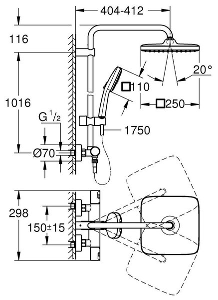 GROHE Vitalio Comfort 250 - Sprchový systém s termostatem na zeď, chrom 26696001