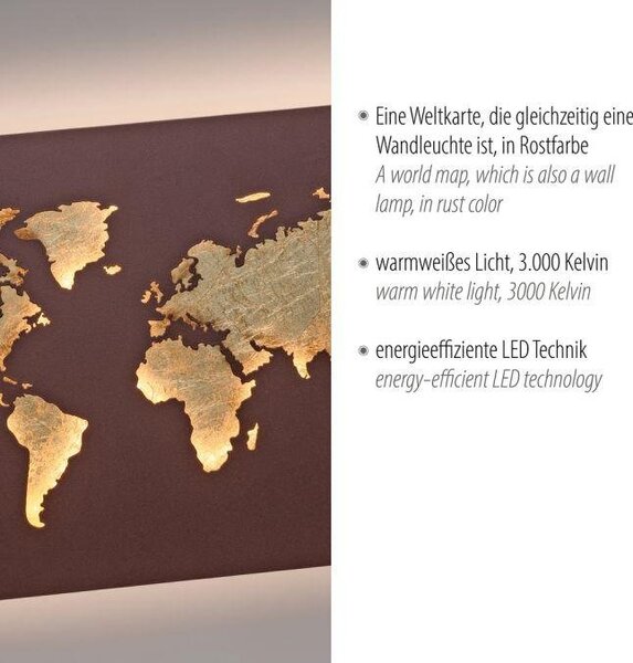 PN 9056-48 MAP LED nástěnné svítidlo barva rzi obraz s osvětlením mapa světa 3000K - PAUL NEUHAUS