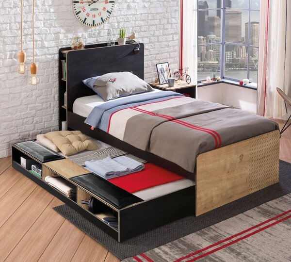 Dětská postel s úložnou přistýlkou Sirius 100x200cm - dub černý/dub zlatý