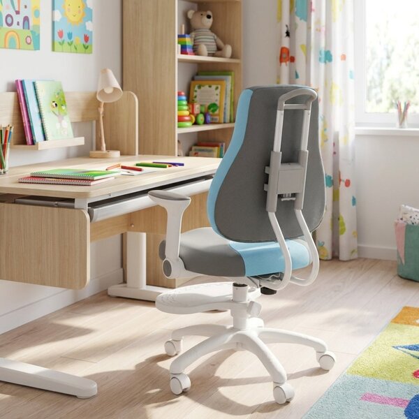 Dětská rostoucí židle Neoseat KINDER WHITE PLUS — látka, šedá / světle modrá