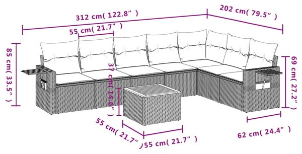 8dílná zahradní sedací souprava s poduškami šedá polyratan