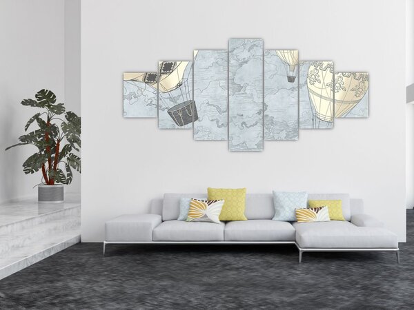 Obraz - Balóny nad městem, chladné tóny (210x100 cm)